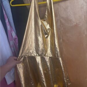 Gold Halter Top ✨ M Fit | Metallic Shine + Flared Skirt Detail